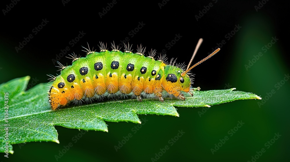 A vibrant green caterpillar resting on a leaf. This close-up captures its unique details, showcasing nature's beauty in a tranquil setting. A vibrant green caterpillar resting on a leaf. This close-up captures its unique details, showcasing nature's beauty in a tranquil setting.