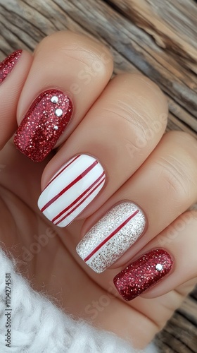 Elegant red and white nail design featuring glitter and stripes for festive occasions photo