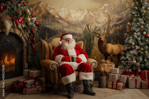 Illustration of Santa Claus and His Reindeer with a Whimsical Christmas Vibe