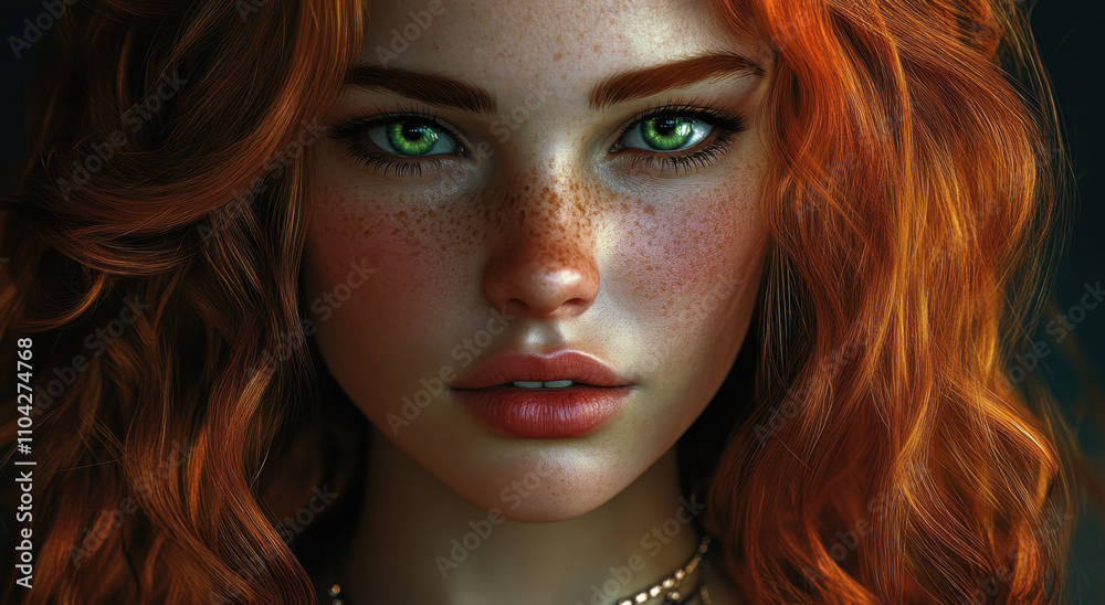 A pretty red-haired girl with green eyes, a necklace and freckles. The painting has a romantic and nostalgic theme A pretty red-haired girl with green eyes, a necklace and freckles. The painting has a romantic and nostalgic theme