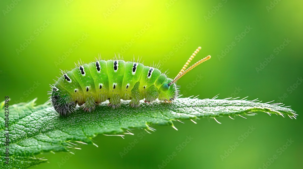 A vibrant green caterpillar resting on a leaf, showcasing intricate patterns and textures, with a blurred natural background that highlights its beauty. A vibrant green caterpillar resting on a leaf, showcasing intricate patterns and textures, with a blurred natural background that highlights its beauty.