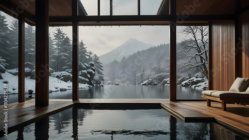 hot springs bath overlooking a winter snowy landscape photo