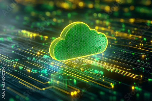 Glowing green and yellow cloud symbol on a digital network background. Futuristic cloud computing and data storage concept