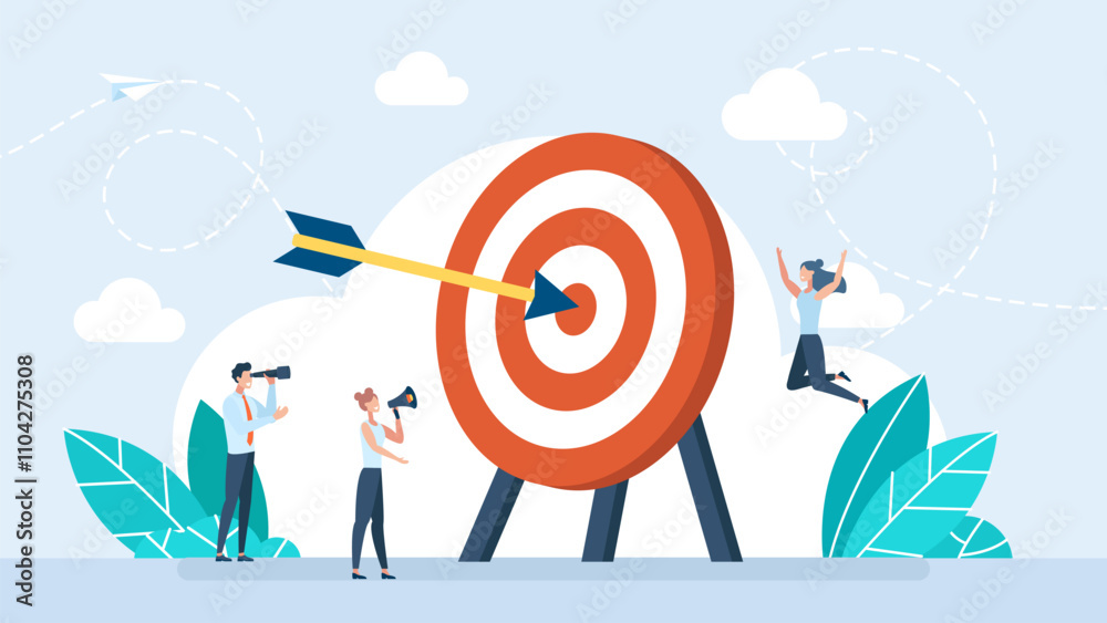 Business Goals Achievement Concept. Success reaching goal or target, victory or winner, accuracy and achievement to hit target bullseye, efficiency or perfection concept. Vector Illustration Business Goals Achievement Concept. Success reaching goal or target, victory or winner, accuracy and achievement to hit target bullseye, efficiency or perfection concept. Vector Illustration