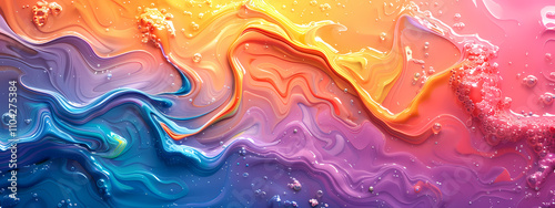 A vibrant abstract swirl of colors blends seamlessly, featuring hues of blue, pink, orange, and purple, with bubbles adding depth and texture.