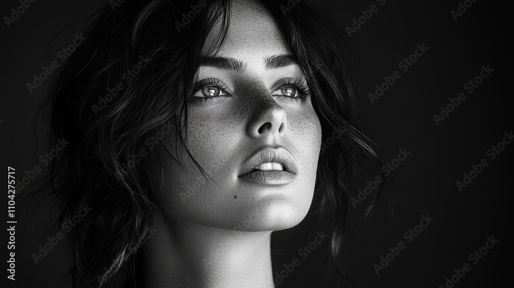 Intense portrait of young caucasian female with freckles in black and white Intense portrait of young caucasian female with freckles in black and white