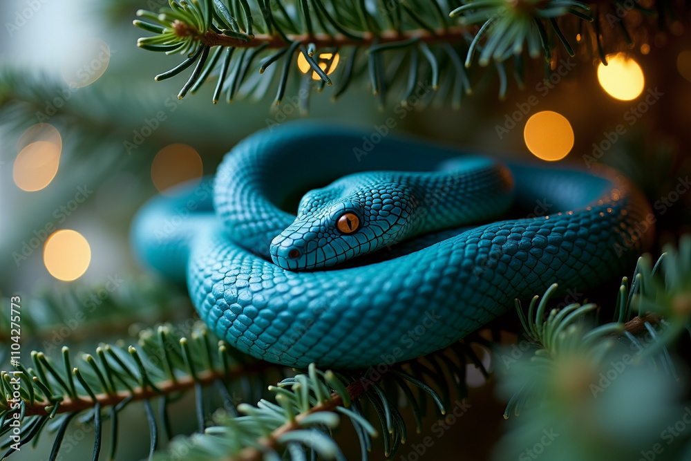Fototapeta premium Cute blue snake on a fir tree branch surrounded by neon lights. Symbol of the year 2025 according to the astrological calendar. Copy space. AI generative.