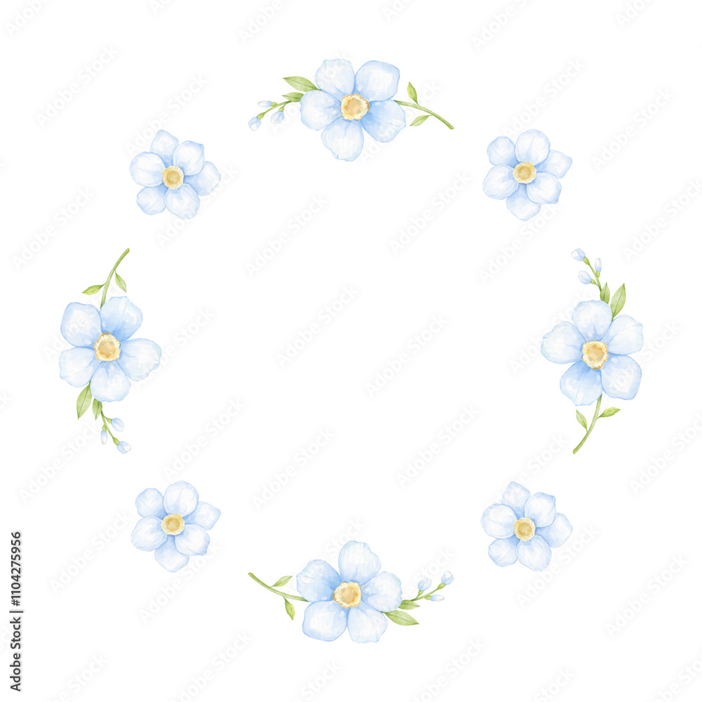 flowers. Round watercolor frame template on white background in pastel colors. Cute frame for invitations and congratulations