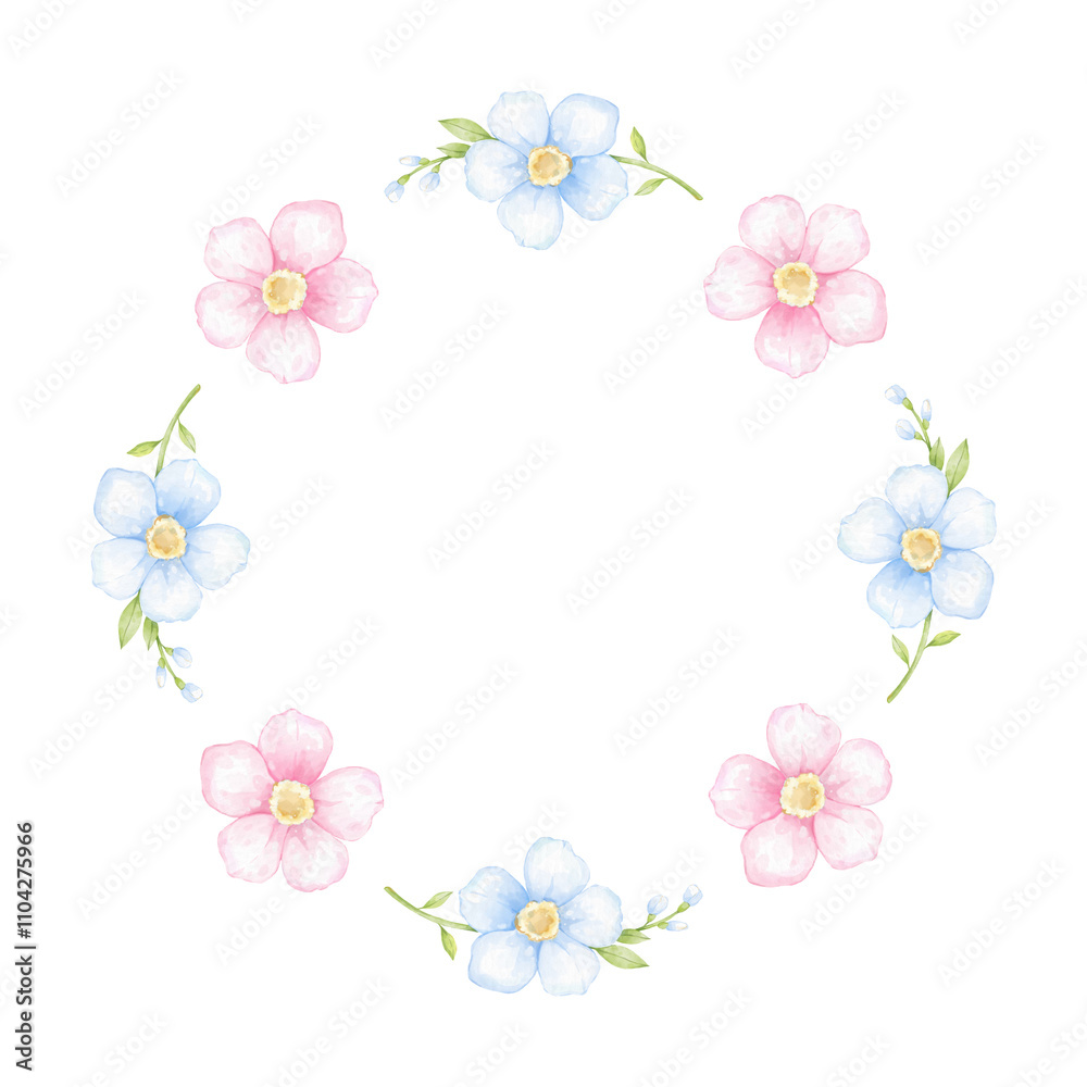 flowers. Round watercolor frame template on white background in pastel colors. Cute frame for invitations and congratulations flowers. Round watercolor frame template on white background in pastel colors. Cute frame for invitations and congratulations