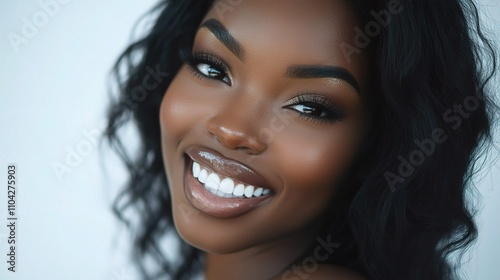 Beautiful Smiling Woman with Dark Hair and Radiant Skin Tone