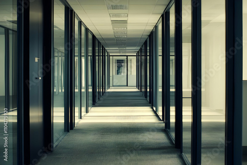 Office interior signage mockups - A modern office corridor with glass walls and soft lighting.