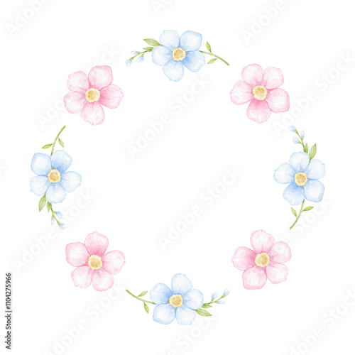 flowers. Round watercolor frame template on white background in pastel colors. Cute frame for invitations and congratulations