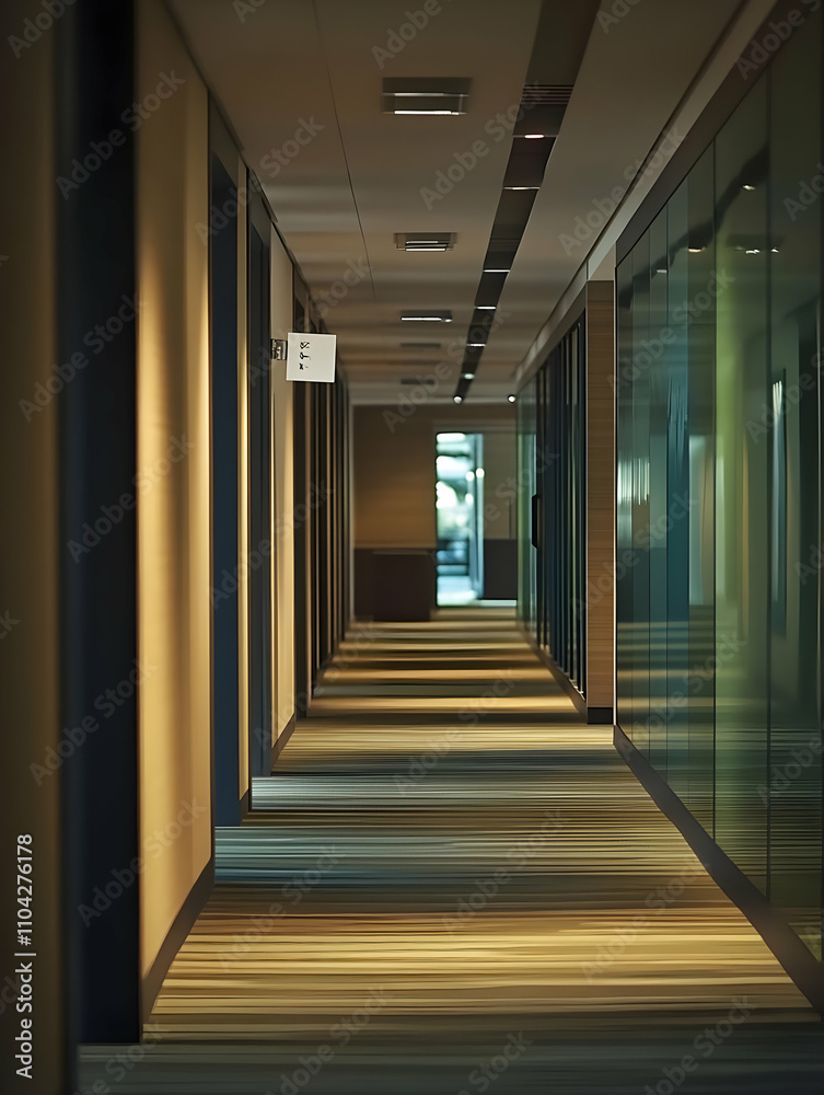 Office interior signage mockups - A well-lit hallway with glass walls and doors leading to offices, creating a professional atmosphere.
