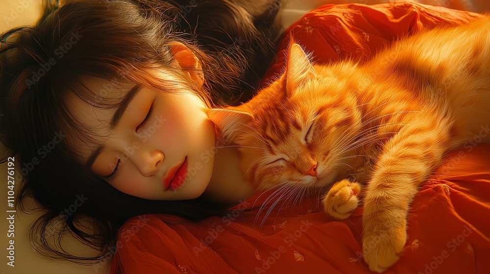 A serene scene of a girl peacefully asleep with a fluffy orange cat resting beside her, radiating warmth and tranquility. A serene scene of a girl peacefully asleep with a fluffy orange cat resting beside her, radiating warmth and tranquility.