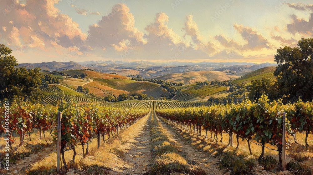 Fototapeta premium Sunlit vineyard rows on rolling hills at sunset.