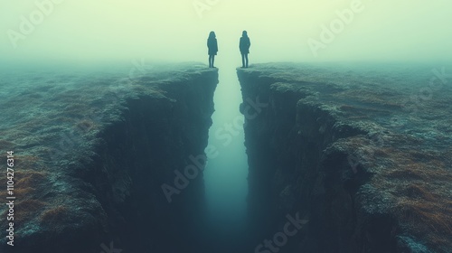 Two figures facing a misty chasm in an otherworldly landscape, con