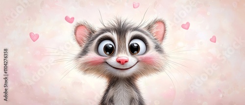 A cute, cartoonish raccoon character with large eyes and a cheerful smile, surrounded by pink hearts against a soft background.