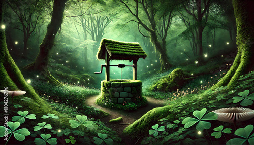 A moss-covered wishing well glows in the center of a mystical forest with fireflies
