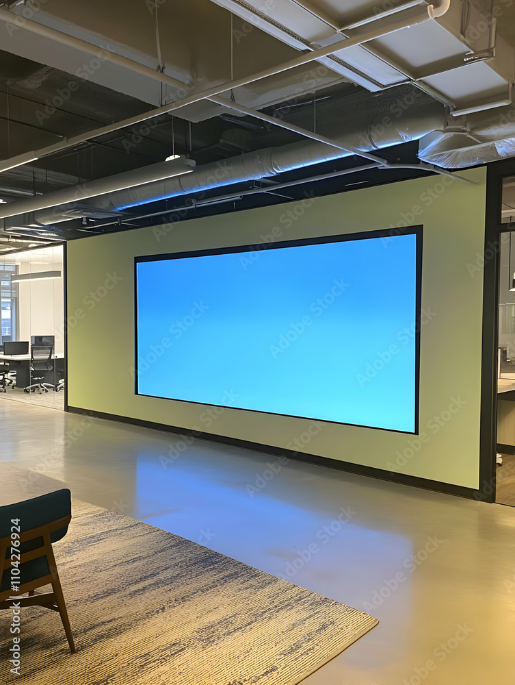 Office interior signage mockups - A modern office space featuring a large blank screen on a colored wall.