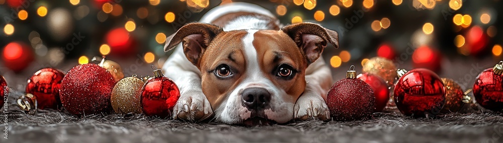 A cute dog rests its head on the ground, surrounded by colorful Christmas ornaments, creating a festive and heartwarming holiday scene. A cute dog rests its head on the ground, surrounded by colorful Christmas ornaments, creating a festive and heartwarming holiday scene.