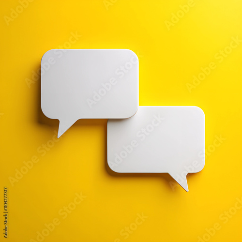 Two minimalist white speech bubbles are positioned against a bright yellow background, symbolizing dialogue and creativity. This vibrant composition invites interaction and connection