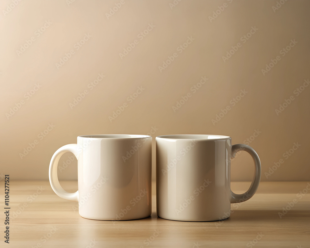 Two simple ceramic mugs stand side by side on a wooden table, bathed in gentle natural light. This soothing arrangement evokes feelings of warmth and calm, ideal for enjoying a favorite beverage Two simple ceramic mugs stand side by side on a wooden table, bathed in gentle natural light. This soothing arrangement evokes feelings of warmth and calm, ideal for enjoying a favorite beverage