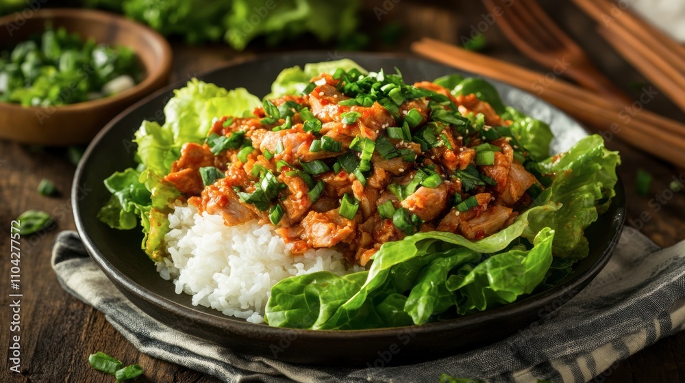 Fresh Lettuce and Rice Bowl with Flavorful Chicken and Green Onions Fresh Lettuce and Rice Bowl with Flavorful Chicken and Green Onions