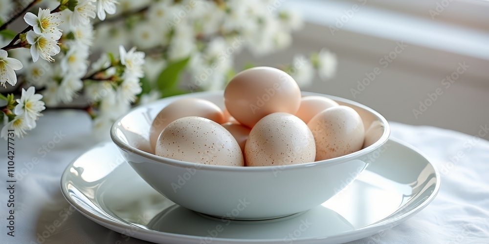 Fresh eggs in white bowl with spring blossoms Fresh eggs in white bowl with spring blossoms