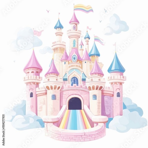 Fantasy castle surrounded by moat and rainbow bridge enchanting nobility scene in fairy tale world