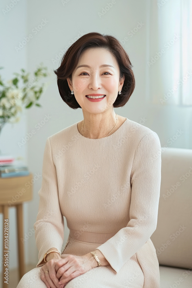 Elegant mature asian female smiling in bright living room Elegant mature asian female smiling in bright living room