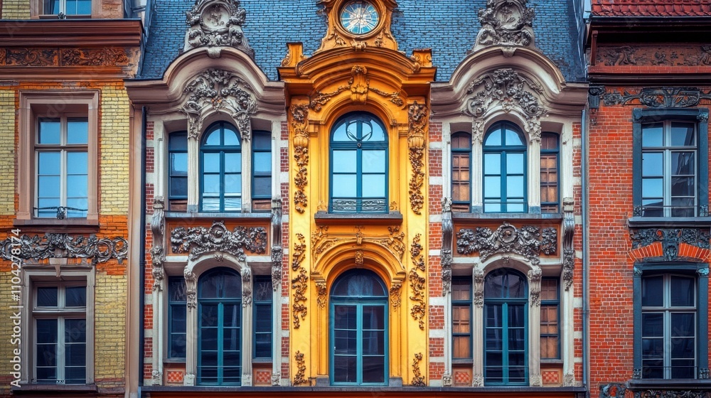 Fototapeta premium Ornate Historical Facade with Architectural Details in Cityscape