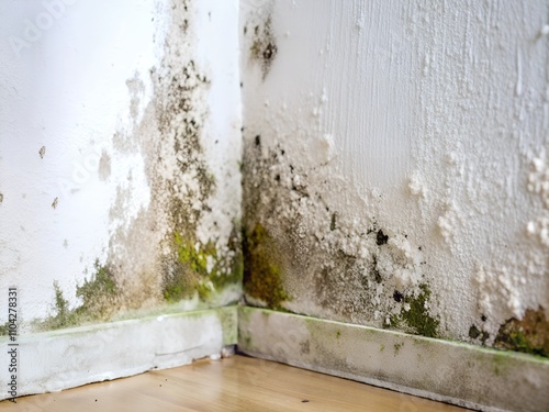 A neglected corner shows extensive mold growth on the wall, highlighting potential health risks. This visible fungi thrives in damp, poorly ventilated environments photo