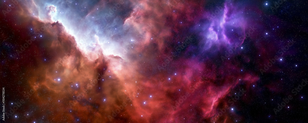A nebula in space, a vibrant and colorful cloud of gas and dust. The colors range from deep blues to purples and reds, with stars scattered throughout the scene.