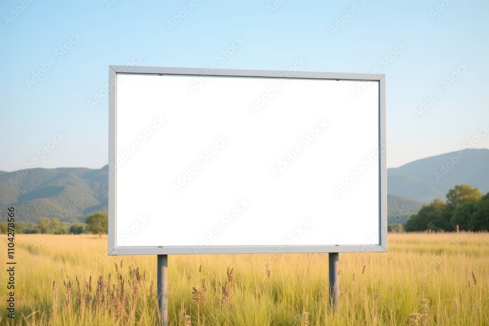 Empty White Billboard in a Scenic Field Surrounded by Lush Green Grass and Mountains Under Clear Blue Sky Empty White Billboard in a Scenic Field Surrounded by Lush Green Grass and Mountains Under Clear Blue Sky