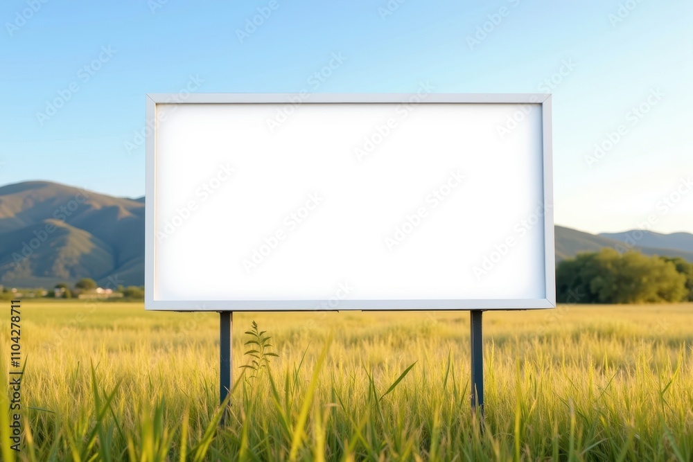 Empty Billboard in a Lush Green Field Surrounded by Mountains and Clear Blue Sky Ideal for Creative Advertising and Promotional Campaigns Empty Billboard in a Lush Green Field Surrounded by Mountains and Clear Blue Sky Ideal for Creative Advertising and Promotional Campaigns