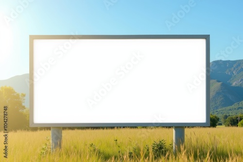 Empty Billboard in Rural Landscape with Bright Sky and Green Fields, Perfect for Marketing Ads or Promotional Campaigns in Nature Settings photo