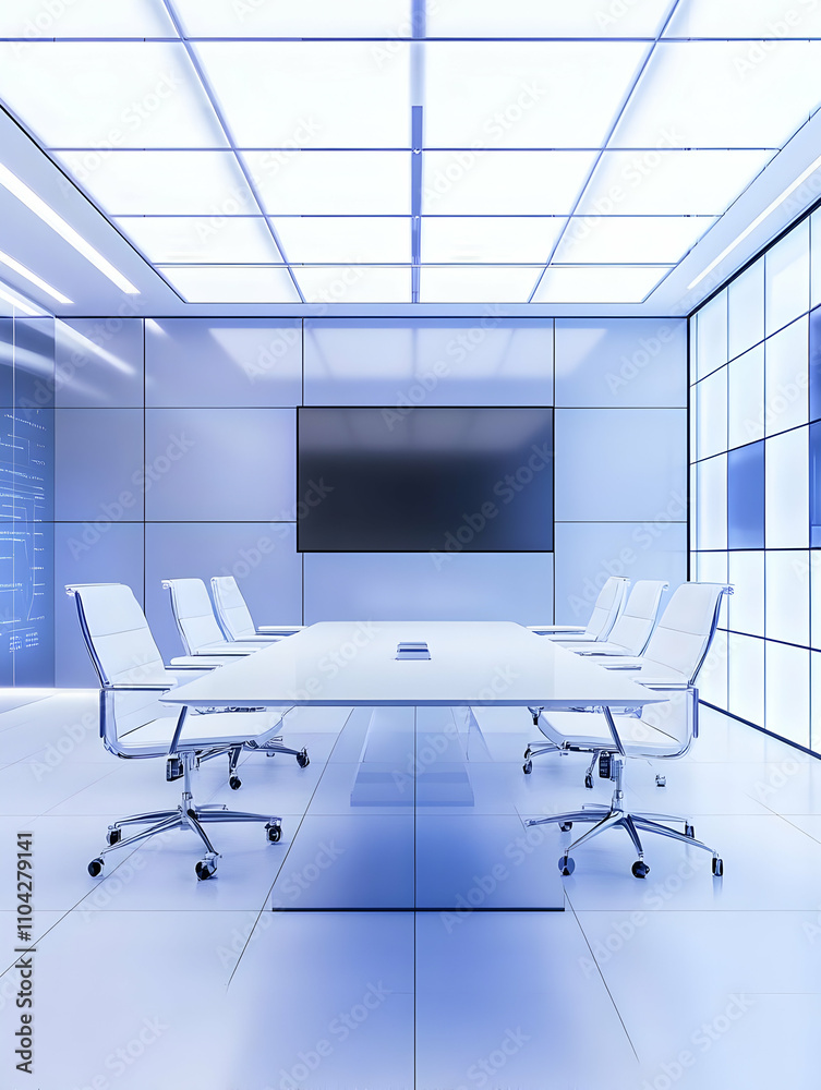 Office interior signage mockups - Modern conference room with a large table, chairs, and a screen for presentations. Office interior signage mockups - Modern conference room with a large table, chairs, and a screen for presentations.