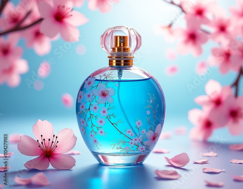 Beautiful blue perfume bottle on a light blue surface decorated with delicate cherry blossoms. Generative AI.