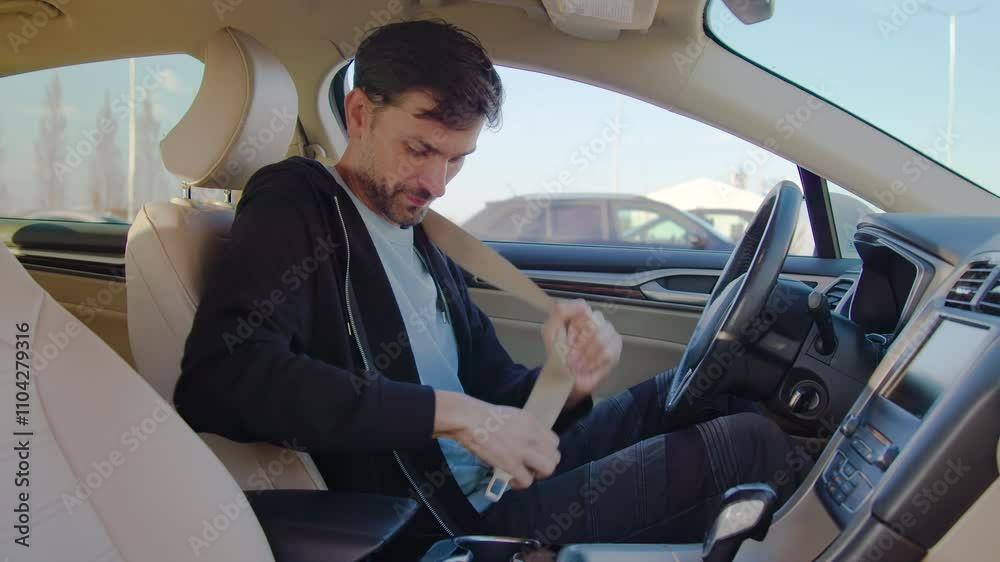 Man fastens seatbelt while sitting in car-sharing vehicle Man fastens seatbelt while sitting in car-sharing vehicle