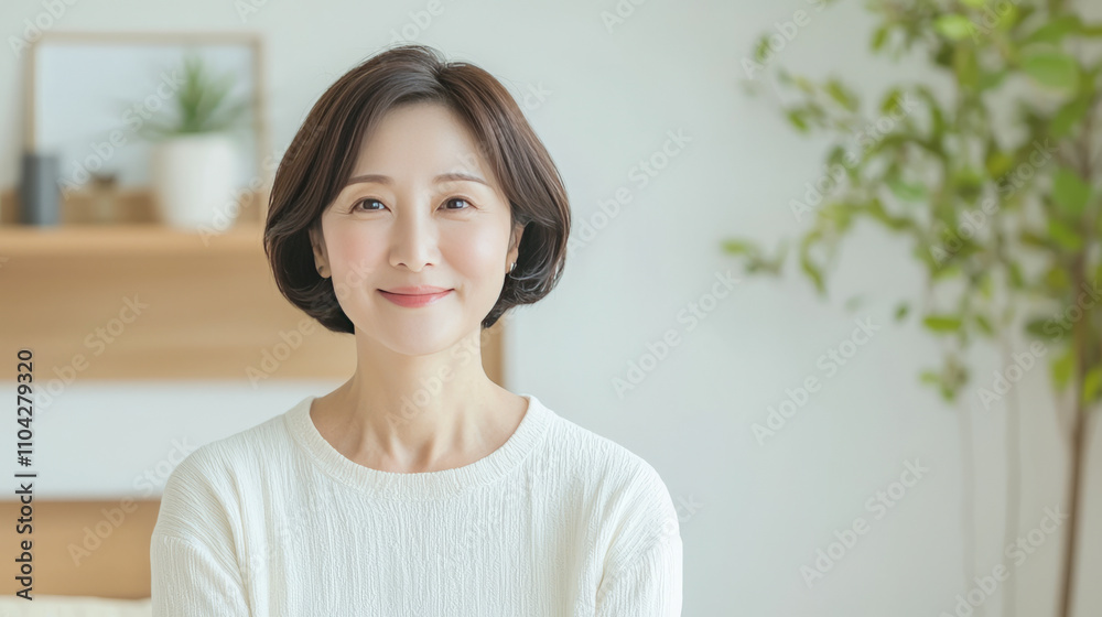 Asian adult female smiling in bright interior