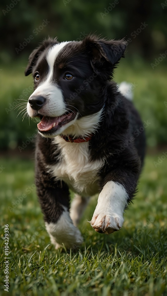 Black and white puppy running on green grass. Black and white puppy running on green grass.