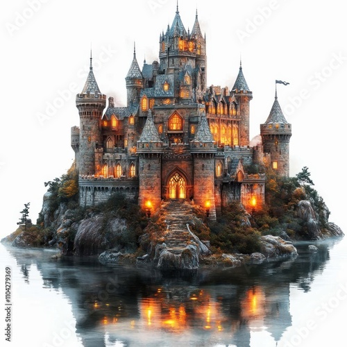 Fantasy castle moat with glowing torches nobility gate at twilight enchanted setting