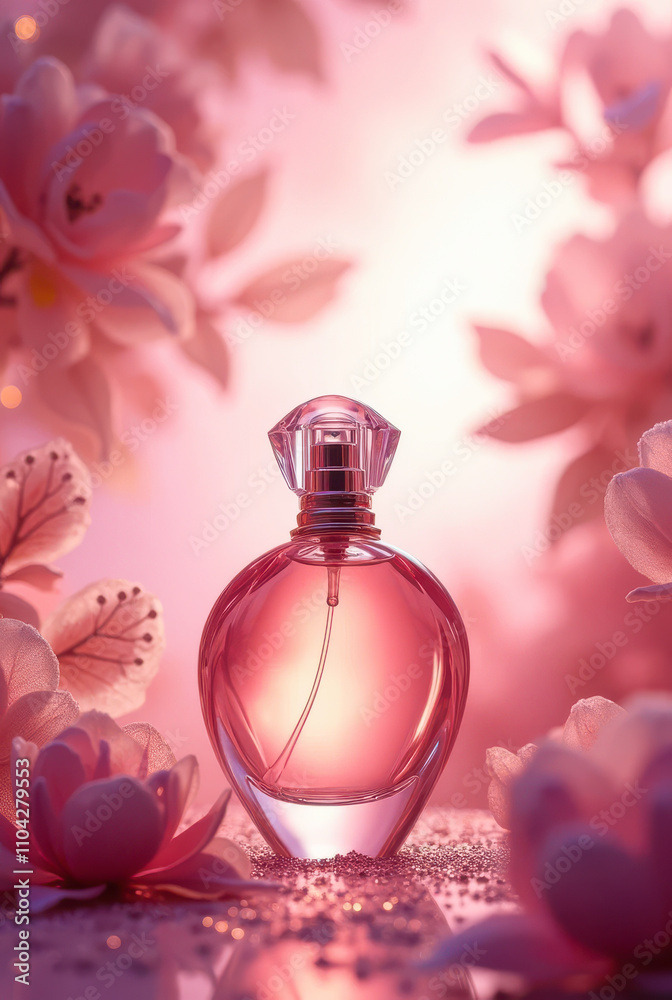 Romantic and elegant scene with a pink heart-shaped perfume bottle surrounded by delicate pink flowers and petals. Soft pink lighting in the background. Generative AI. Romantic and elegant scene with a pink heart-shaped perfume bottle surrounded by delicate pink flowers and petals. Soft pink lighting in the background. Generative AI.