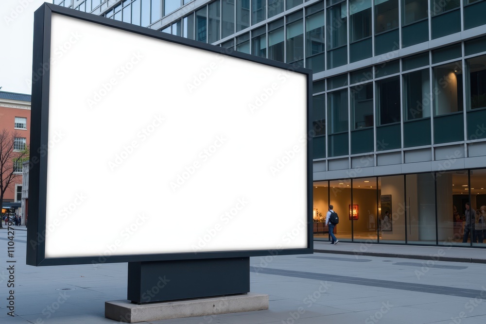 Empty Billboard in Front of Modern Building Surrounded by Glass Windows and Urban Architecture, Ideal for Advertising Space or Commercial Use Empty Billboard in Front of Modern Building Surrounded by Glass Windows and Urban Architecture, Ideal for Advertising Space or Commercial Use