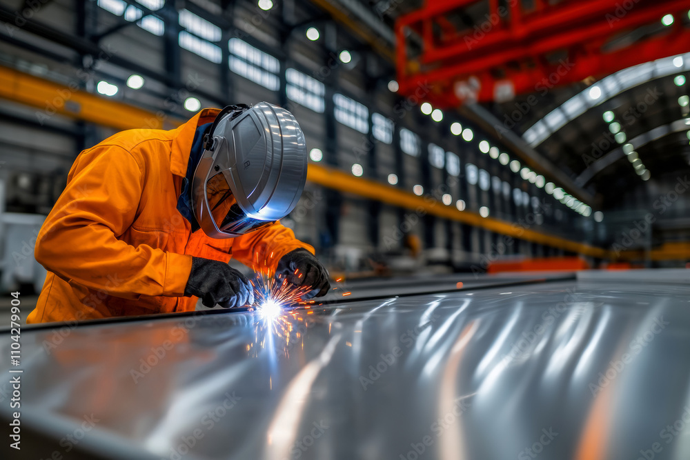 Worker in yellow helmet and protective suit performs welding work in the workshop of the plant, space about the development of the metallurgical manufacturing industry Worker in yellow helmet and protective suit performs welding work in the workshop of the plant, space about the development of the metallurgical manufacturing industry