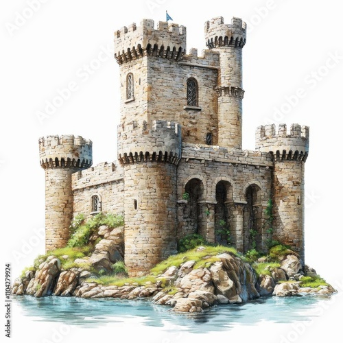 Fantasy castle with tranquil moat and noble gate serene landscape enchanting viewpoint