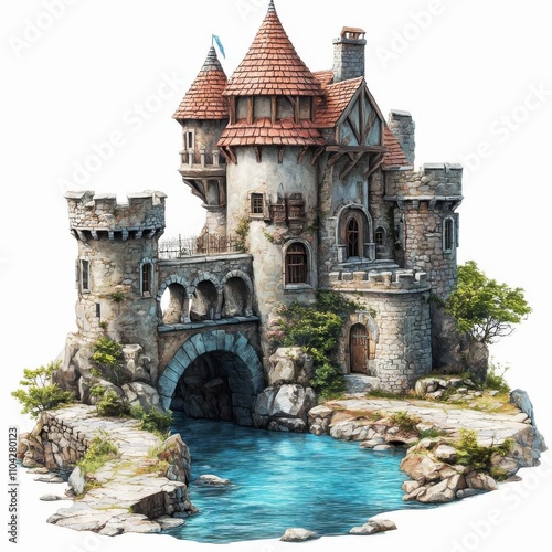 Fantasy castle with tranquil moat and noble gate in a serene landscape setting
