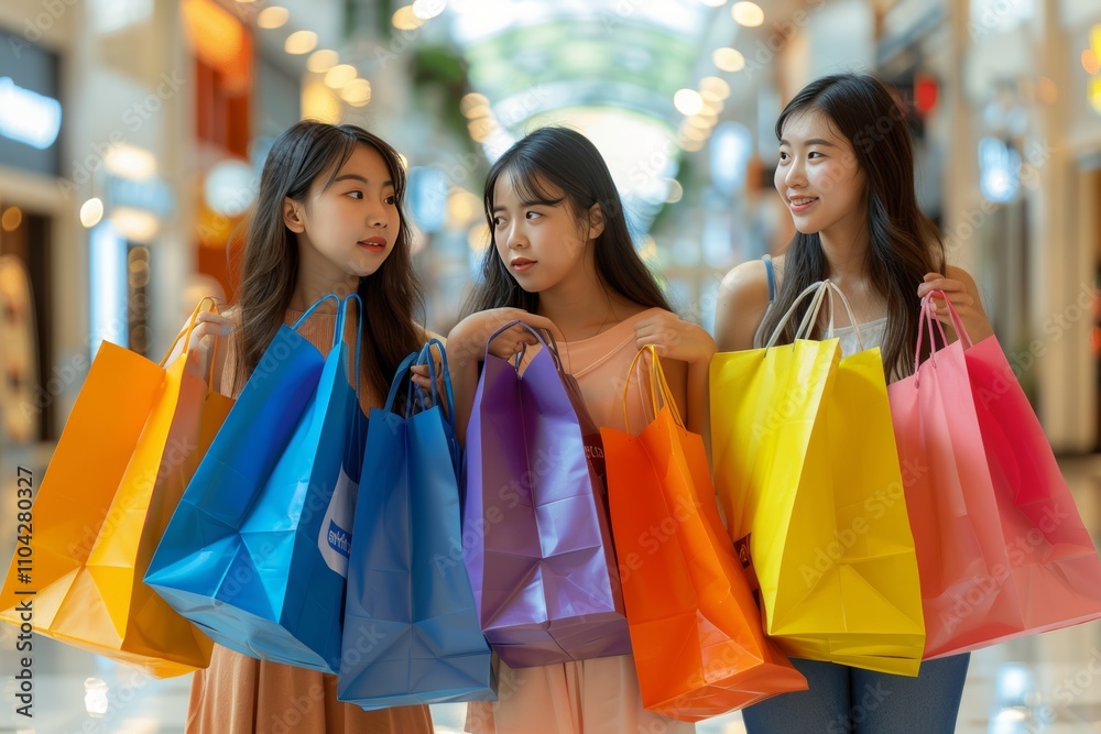 Friends enjoying a vibrant shopping day in a modern mall with colorful bags in hand Friends enjoying a vibrant shopping day in a modern mall with colorful bags in hand