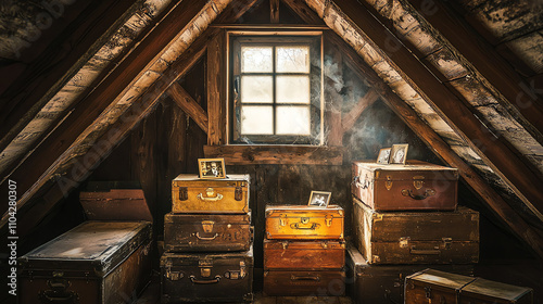 Forgotten attic holds trunks and old photographs that tell stories from a bygone era photo