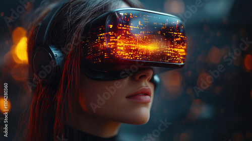 Virtual reality experience with immersive visuals in an urban setting during evening hours. Generative AI